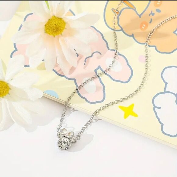 Silver Rhinestone Mickey Minnie Necklace Earrings Matching Set - Picture 3 of 6